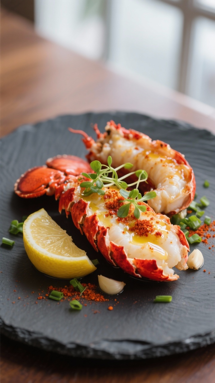 Final dish presentation: Elegant restaurant-quality plating of lobster tails with a glossy garlic-bu