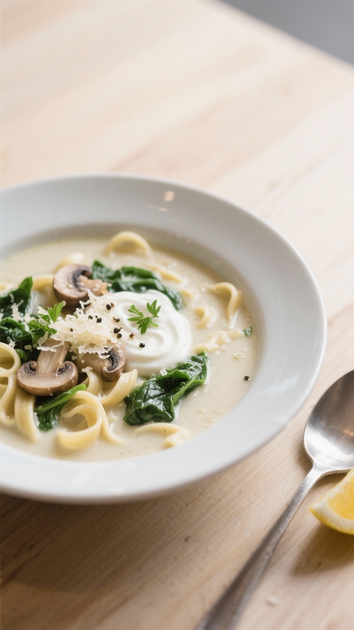 Leftover Alfredo Pasta Recipes That Taste Even Better Next Day: Turn Fridge Orphans Into Creamy Legends Final dish presentation: Five-minute Alfredo soup served in a wide, matte-white bowl—silky, ivory