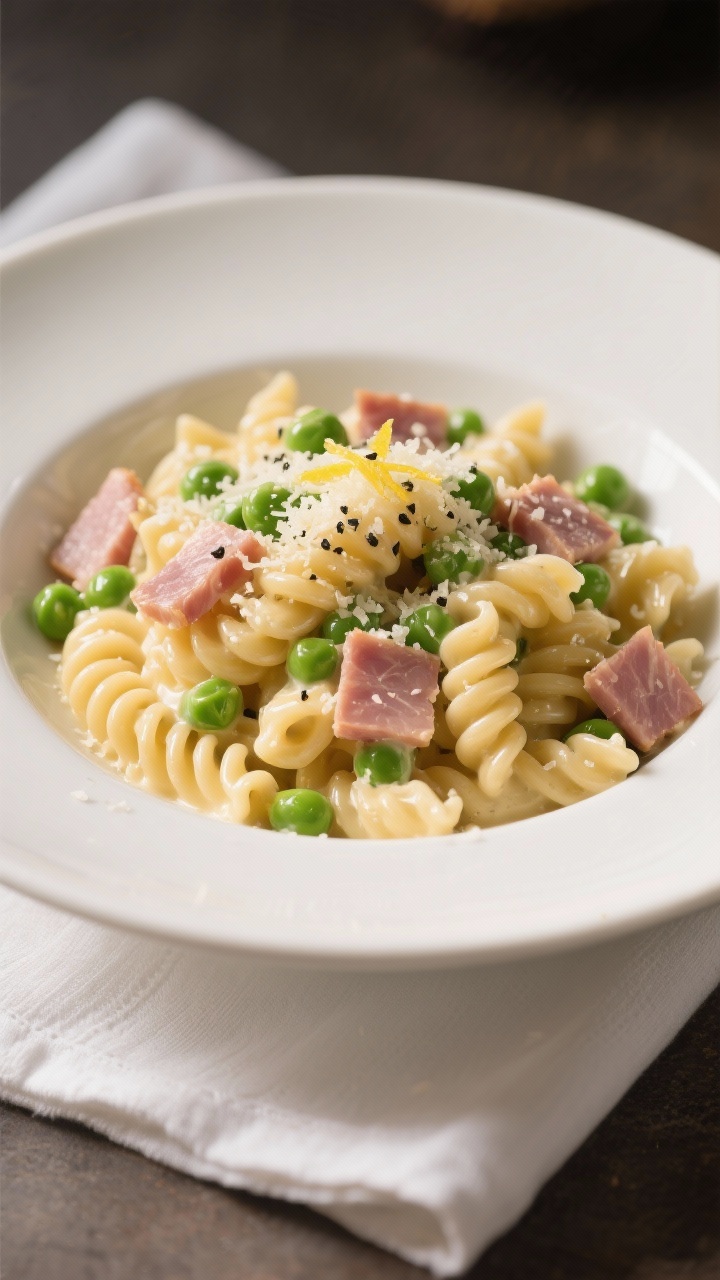 Final dish presentation: Ham & Peas Upgrade plated in a wide, shallow white bowl—al dente rotini c
