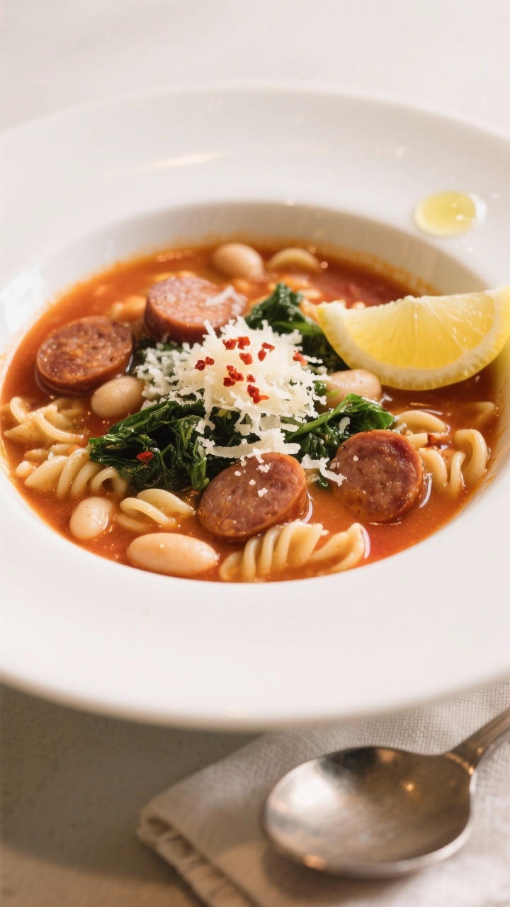 Budget-Friendly Leftover Pasta Sauce Recipes the Whole Family Loves: Turn Last Night’s Sauce into Tonight’s Hero Final dish presentation: Hearty Smoky Sausage Soup elegantly plated in a wide white bowl—tomato-br