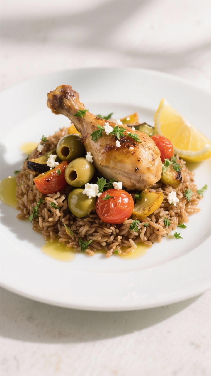 Simple Healthy Dinners for Big Families: Clean Eating On A Budget That Won’t Break You (Or Your Schedule) Final dish presentation: Mediterranean-leaning variation plated individually—mounded herbed brown