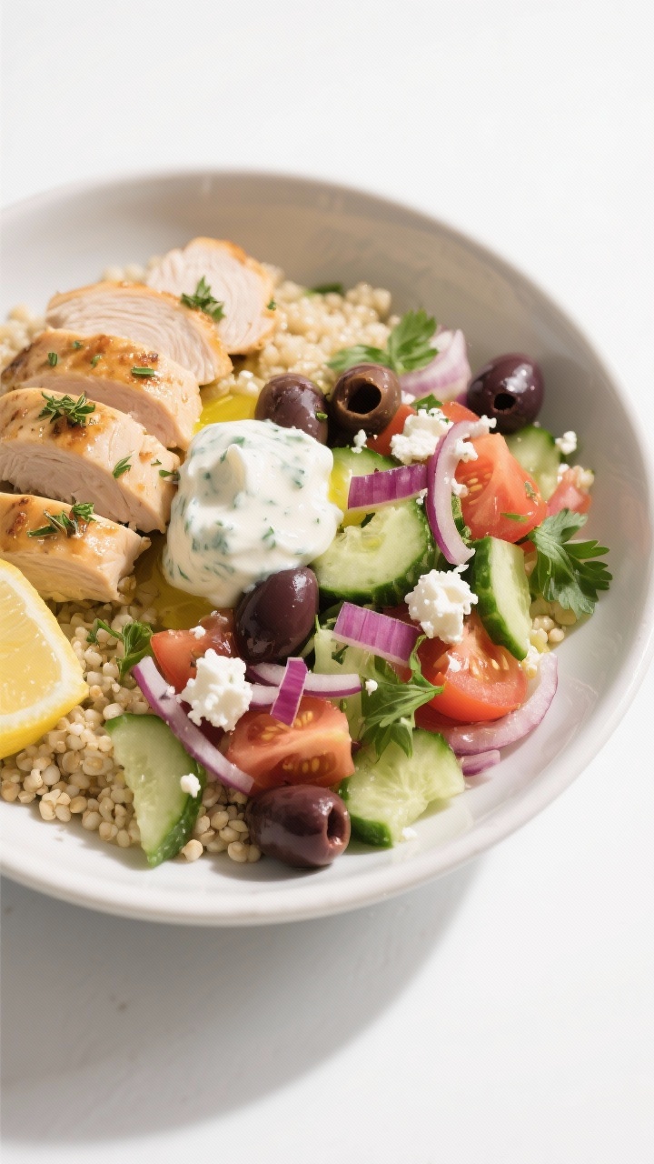 Final dish presentation: Mediterranean power bowl beautifully plated in a wide, shallow bowl—fluff