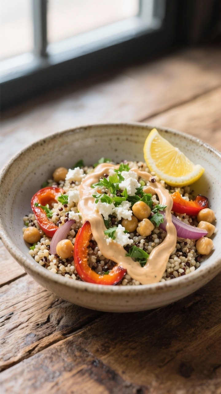 Final dish presentation: Mediterranean quinoa bowl beautifully plated—fluffy quinoa, roasted bell 