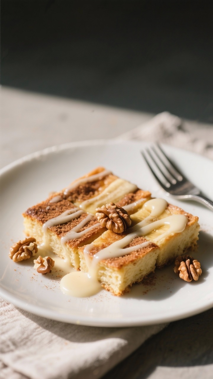 Final dish presentation: Neat squares of banana slice plated café-style on a matte white plate, dri