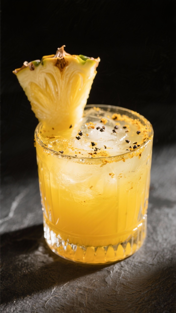 Final dish presentation: Pineapple-Turmeric Digestive Tonic in a rocks glass over ice, golden-yellow