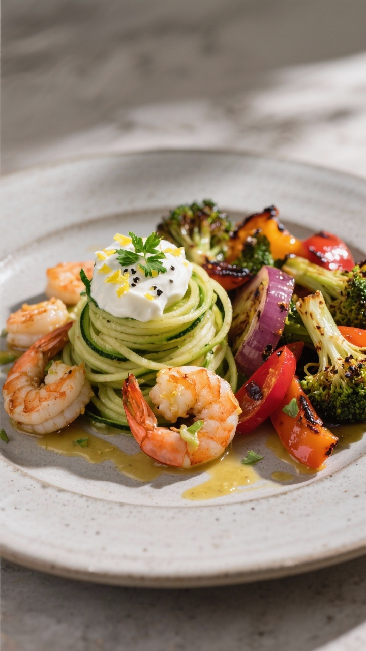 Final dish presentation: Plated clean-eating dinner—garlic shrimp and zoodles twirled into a neat 