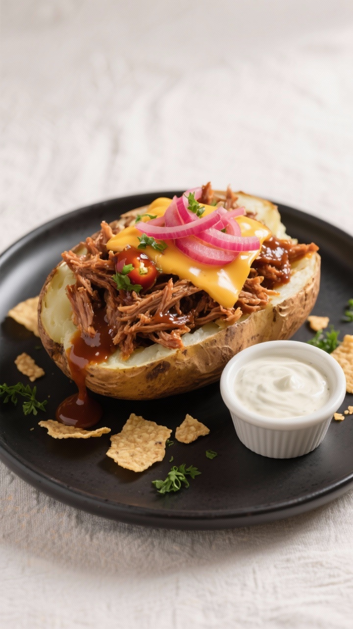 Final dish presentation: Restaurant-quality BBQ pulled pork baked potato plated on a matte black dis