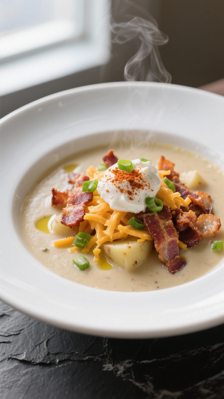 Final dish presentation: Restaurant-quality bowl of Leftover Bacon Potato Soup, thick and luxurious,