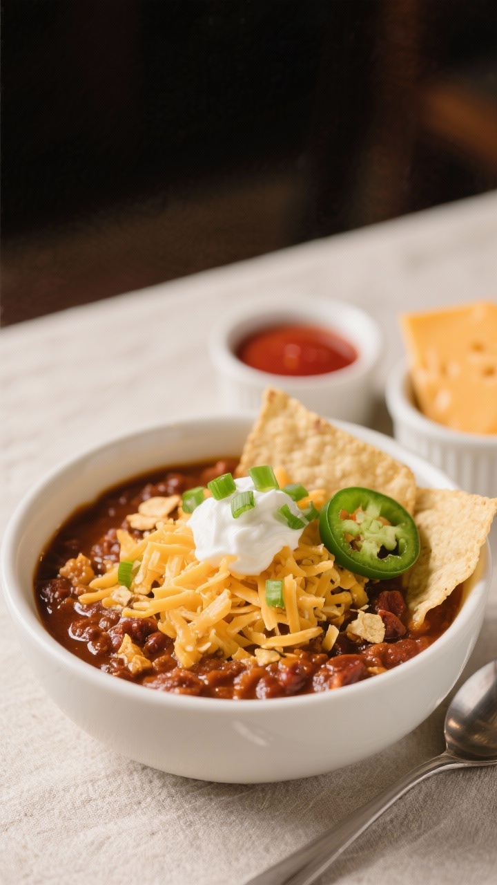 Final dish presentation: Restaurant-quality bowl of finished chili ladled into a wide white ceramic 