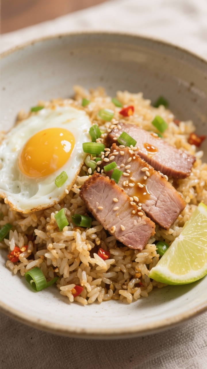 Final dish presentation: Restaurant-quality bowl of pork tenderloin egg fried rice, tender pork slic