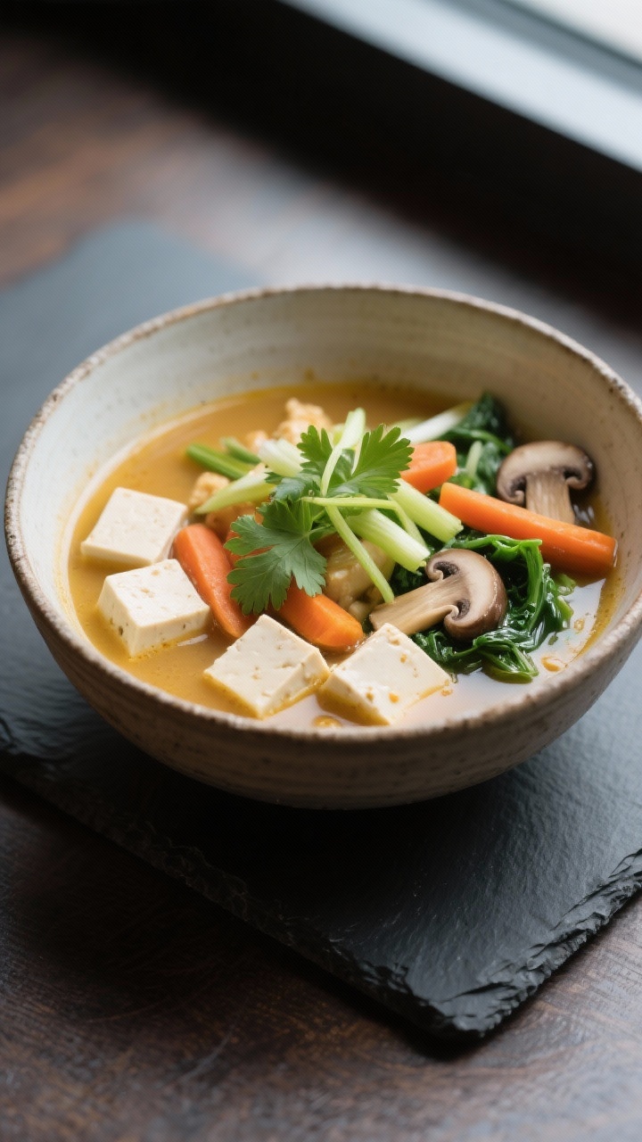 Final dish presentation: Restaurant-quality bowl of Miso-Ginger Vegan variation—deep ceramic bowl 