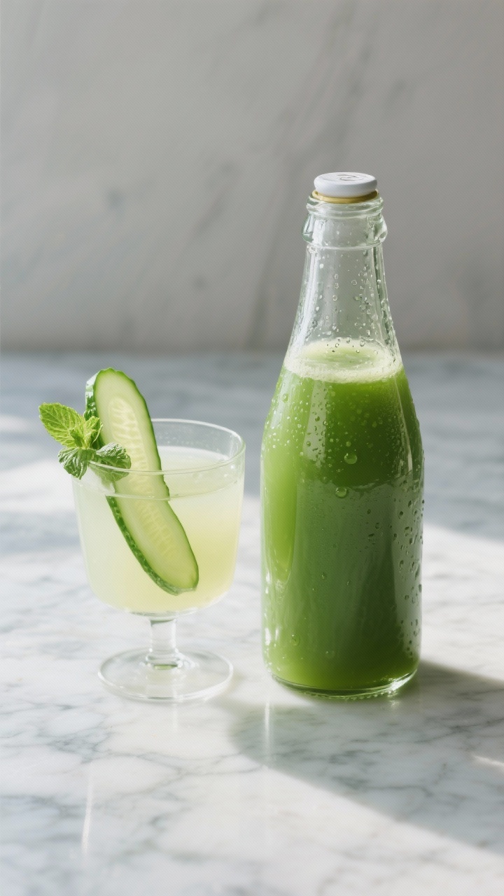 Final dish presentation: Restaurant-quality glass bottle of green juice filled to the brim for stora