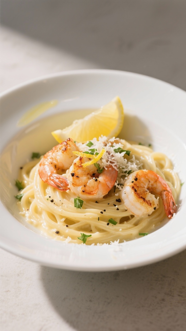 Final dish presentation: Restaurant-quality Lemon Shrimp Alfredo plated in a shallow white bowl—ju