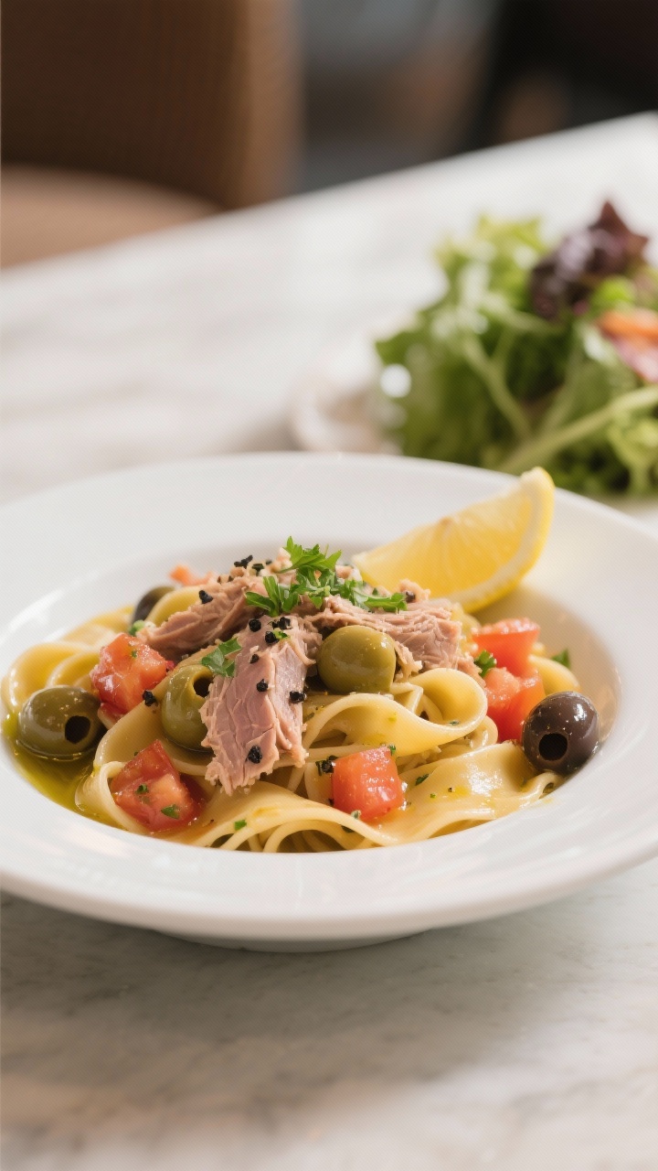 Final dish presentation: Restaurant-quality Mediterranean tuna pasta plated in a shallow white rimme
