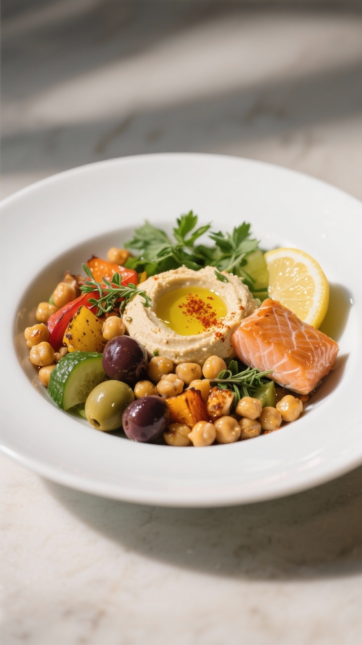 Final dish presentation: Restaurant-quality Mediterranean variation power bowl plated on a wide, fla