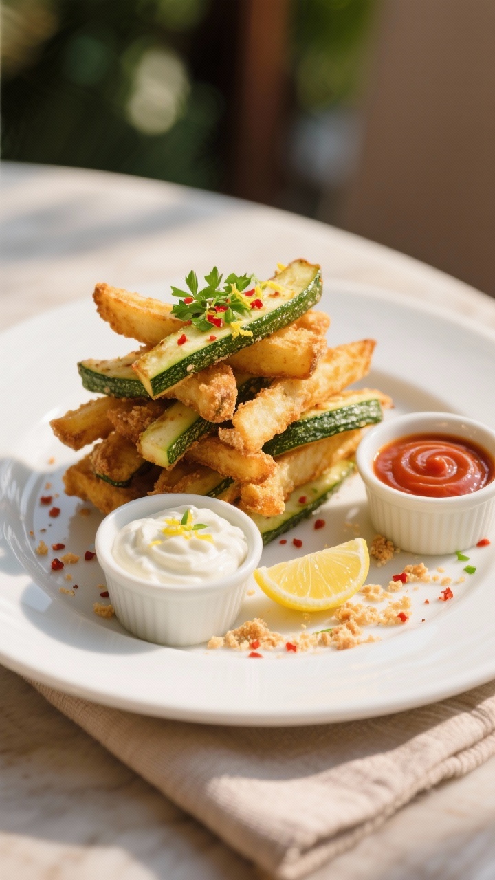 Final dish presentation: Restaurant-quality plate of zucchini fries stacked in a neat pile on a wide