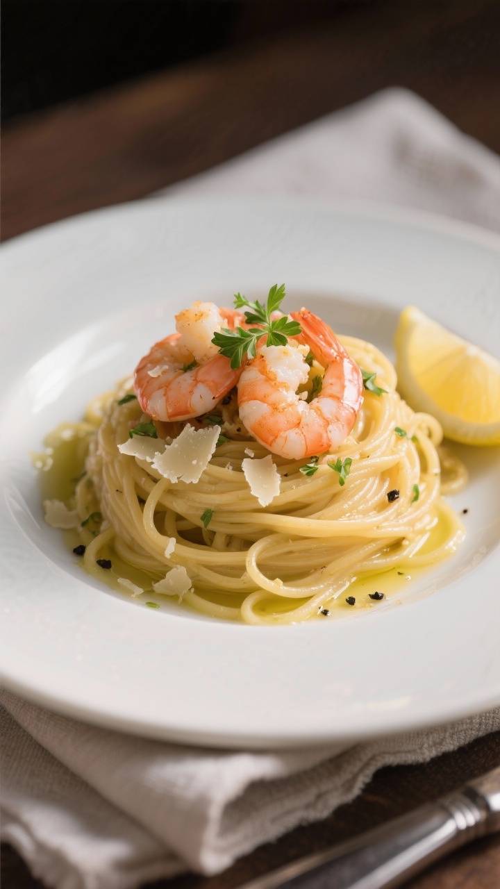 Final dish presentation: Restaurant-quality plate of Italian Shrimp Pasta with Garlic and Olive Oil,