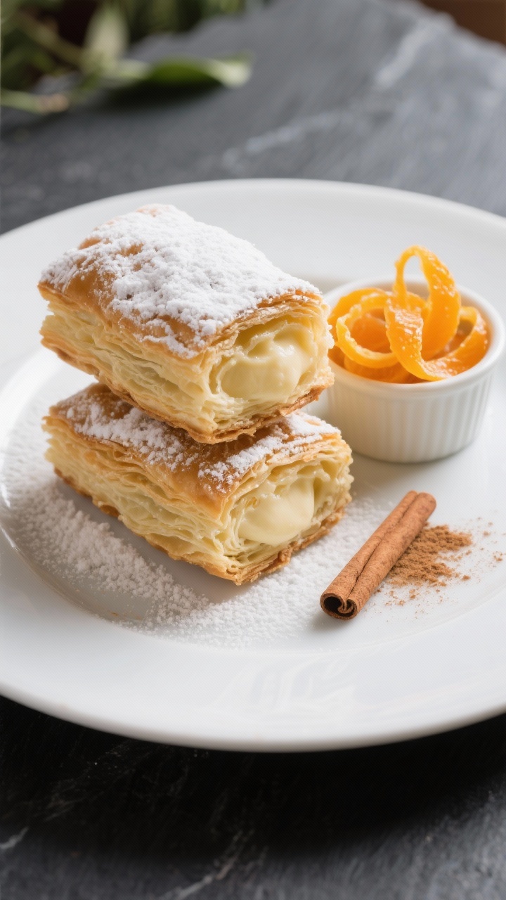 Final dish presentation: Restaurant-quality plate with two sfogliatelle stacked at an angle, generou