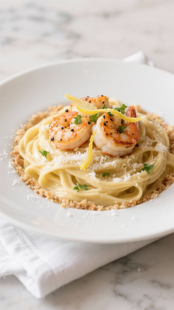 Final dish presentation: Restaurant-quality plate of Lemon-Pepper Shrimp Alfredo—creamy fettuccine