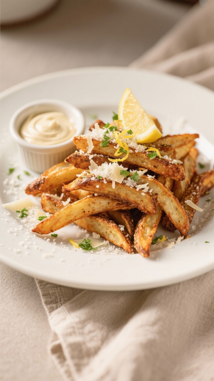 Final dish presentation: Restaurant-quality plate of Garlic-Parmesan crispy oven fries piled high on