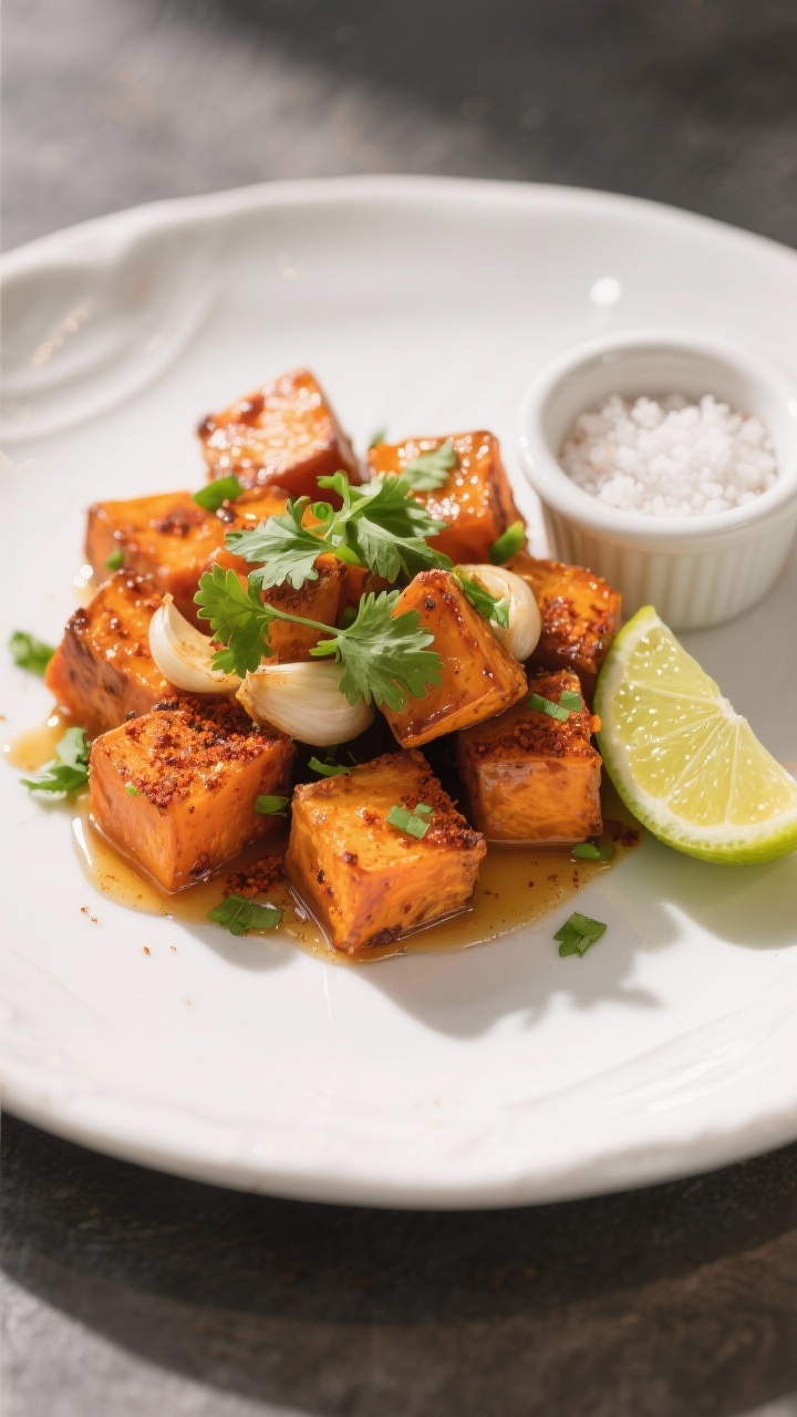 Final dish presentation: Restaurant-quality plate of garlic-paprika sweet potato cubes finished with
