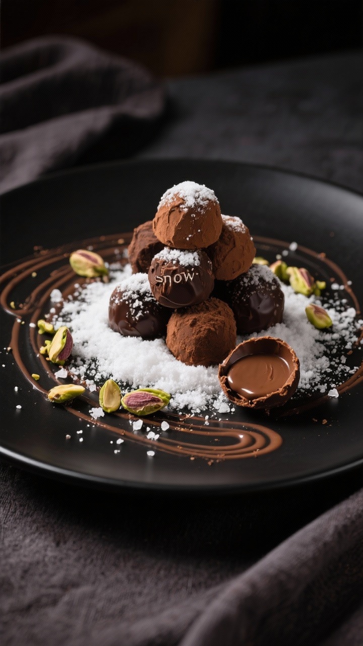 Final dish presentation: Restaurant-quality plate of mixed truffles, artfully stacked with a light c