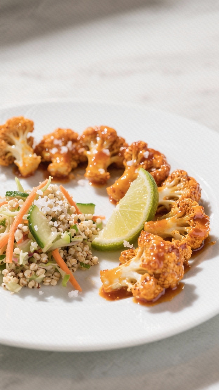 Final dish presentation: Restaurant-quality plate of Buffalo cauliflower bites arranged in a neat ar