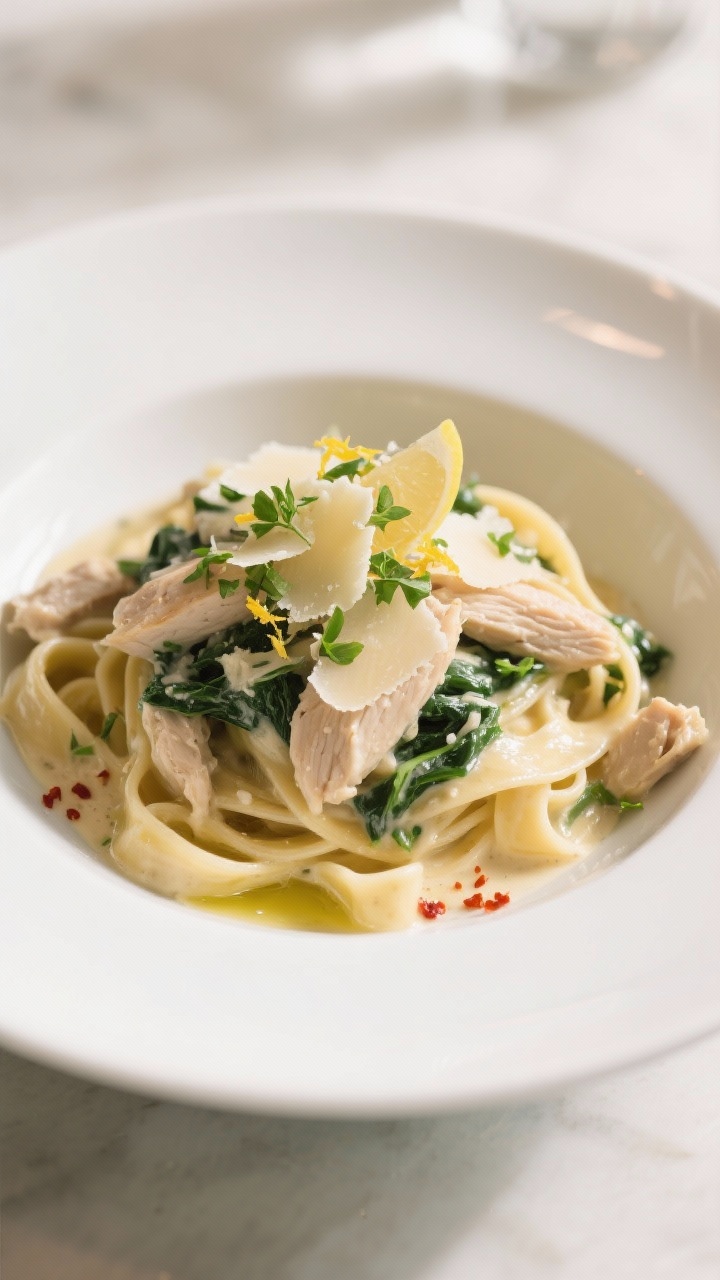 Final dish presentation: Restaurant-quality plate of fettuccine with creamy chicken and spinach, sil