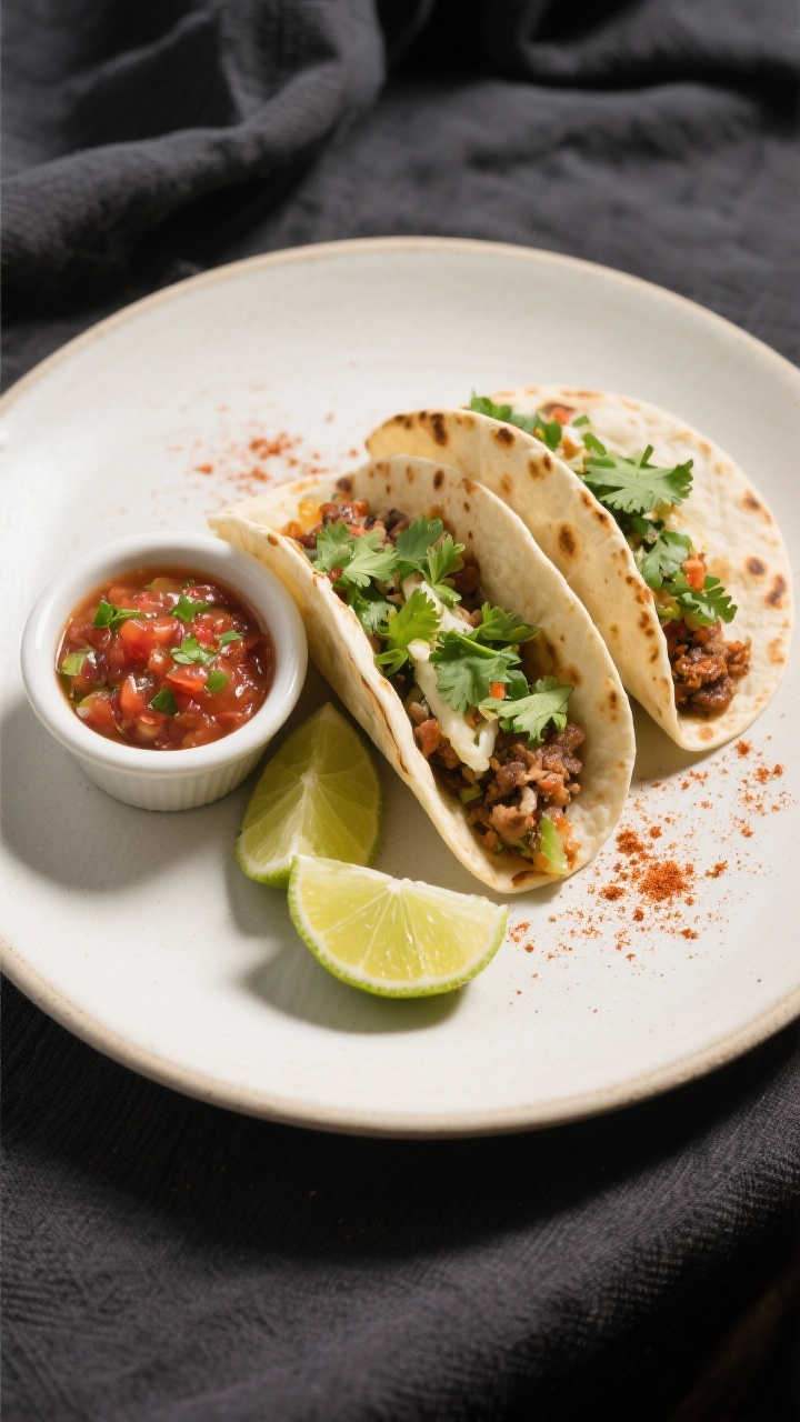 Final dish presentation: Restaurant-quality plate of three tacos arranged in a row, garnished with l