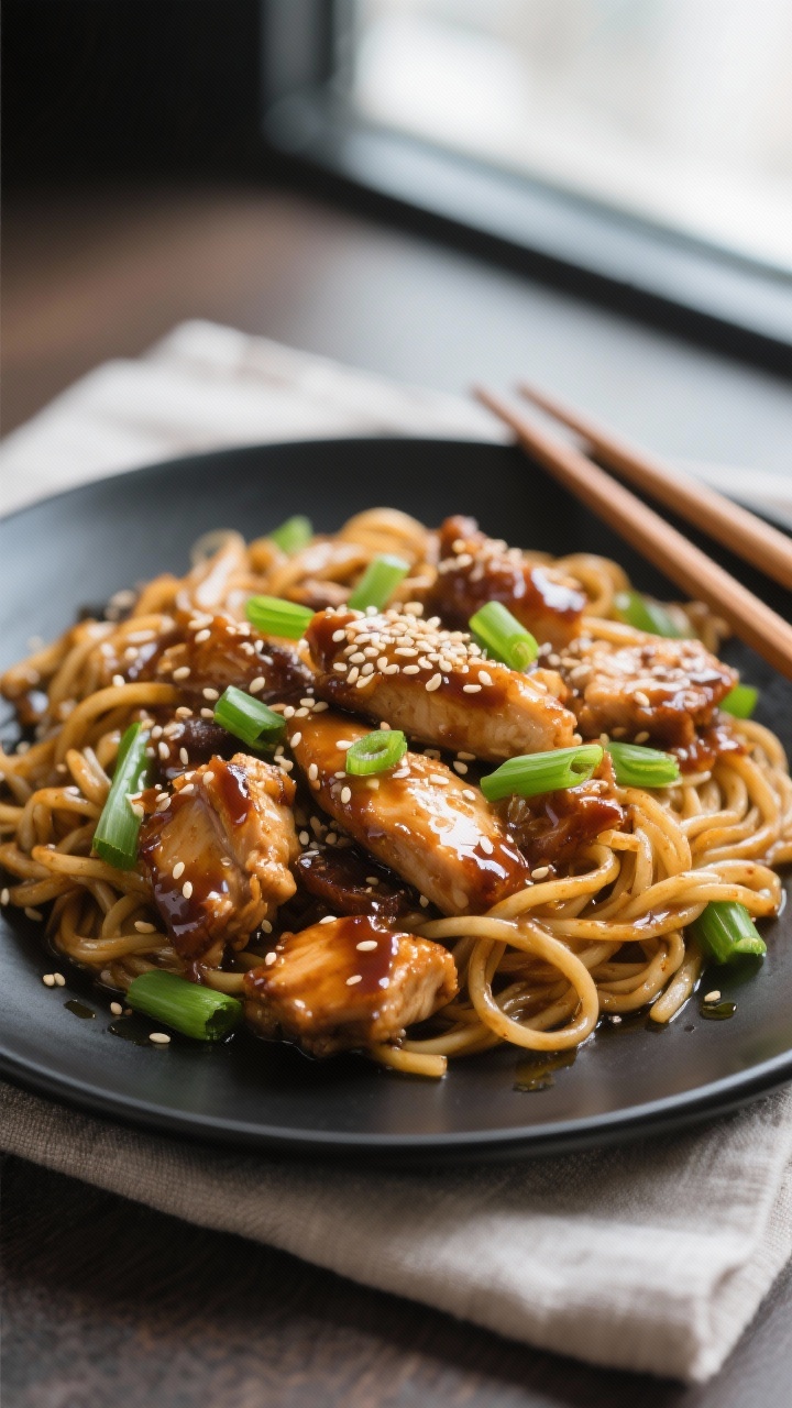 Final dish presentation: Restaurant-quality plate of glossy chicken stir-fry tossed with lo mein-sty