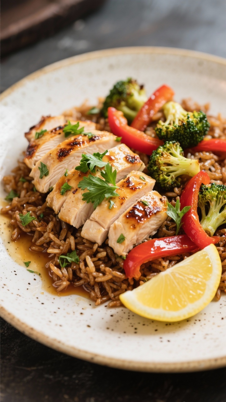 Final dish presentation: Restaurant-quality plate of sheet-pan lemon herb chicken sliced over warm b