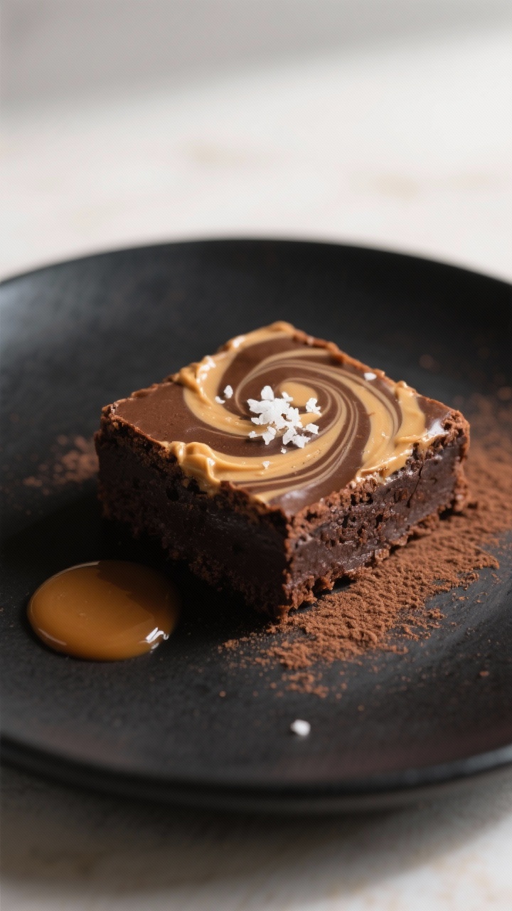 Final dish presentation: Restaurant-quality plated keto brownie square topped with a delicate peanut