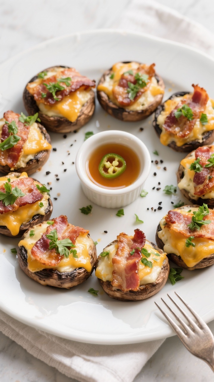 Final dish presentation: Restaurant-quality plated Cheesy Bacon Stuffed Mushrooms arranged in a circ