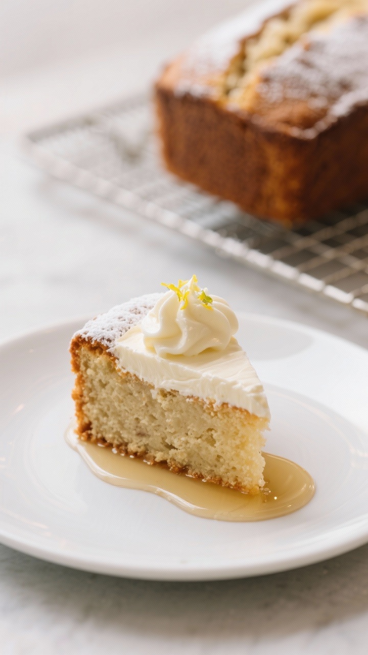 Final dish presentation: Restaurant-quality plated slice of banana cake with cream cheese frosting s