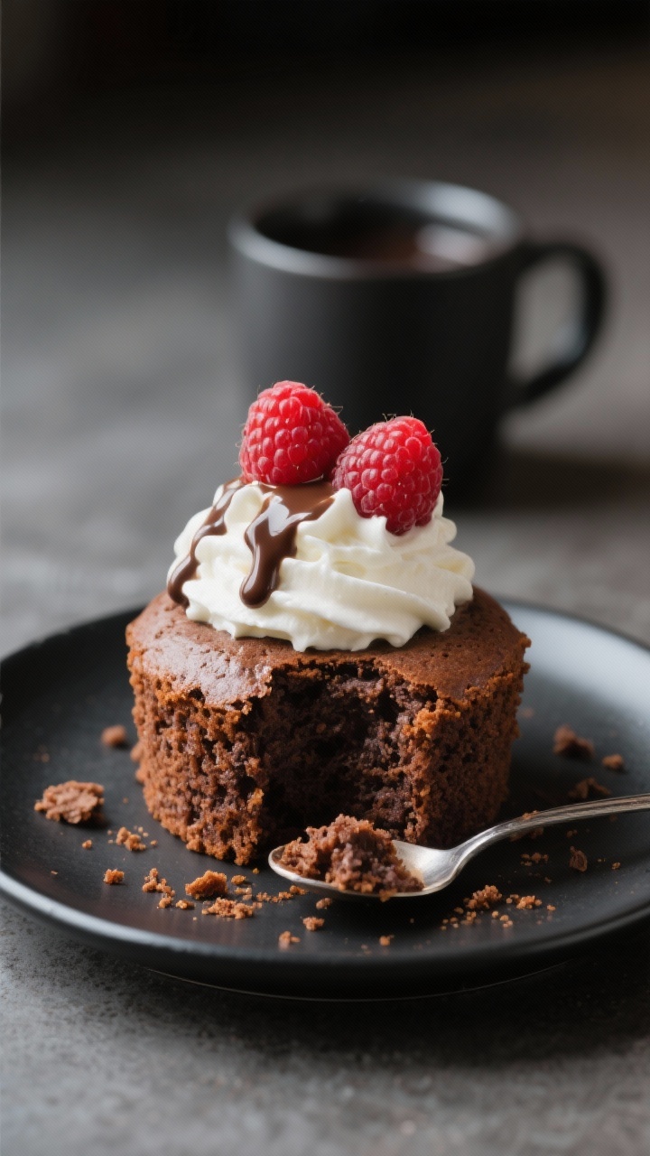 Final dish presentation: Restaurant-quality plated mug cake turned out onto a small matte-black plat
