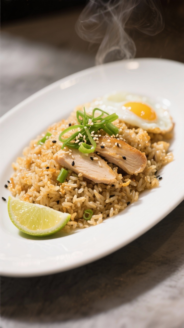 Final dish presentation: Restaurant-quality plated Chicken Fried Rice on a wide, shallow white plate