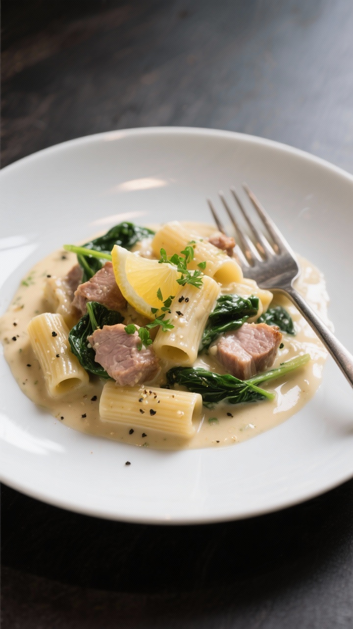 Final dish presentation: Restaurant-quality plated rigatoni coated in silky cream sauce, with tender