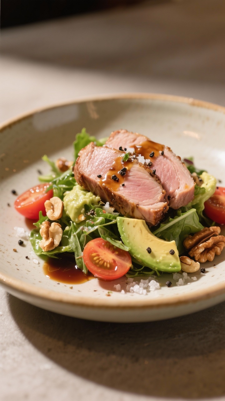 Final dish presentation: Restaurant-quality plated pork tenderloin salad with a restrained final dri