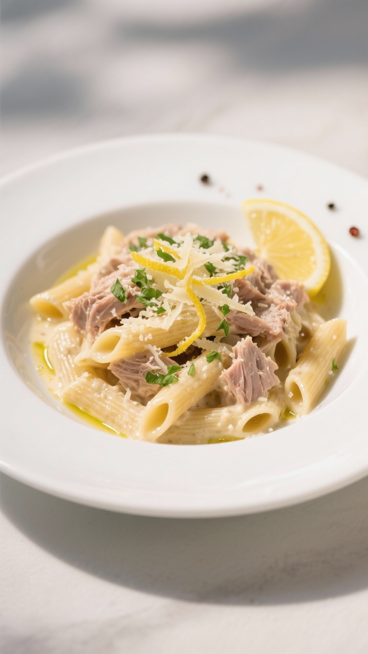 Final dish presentation: Restaurant-quality plated penne in creamy tuna sauce on a wide white bowl, 
