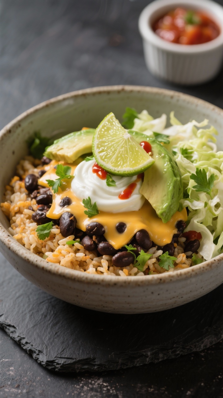 Final dish presentation: Restaurant-quality plated burrito bowl, three-quarter angle close-up with f