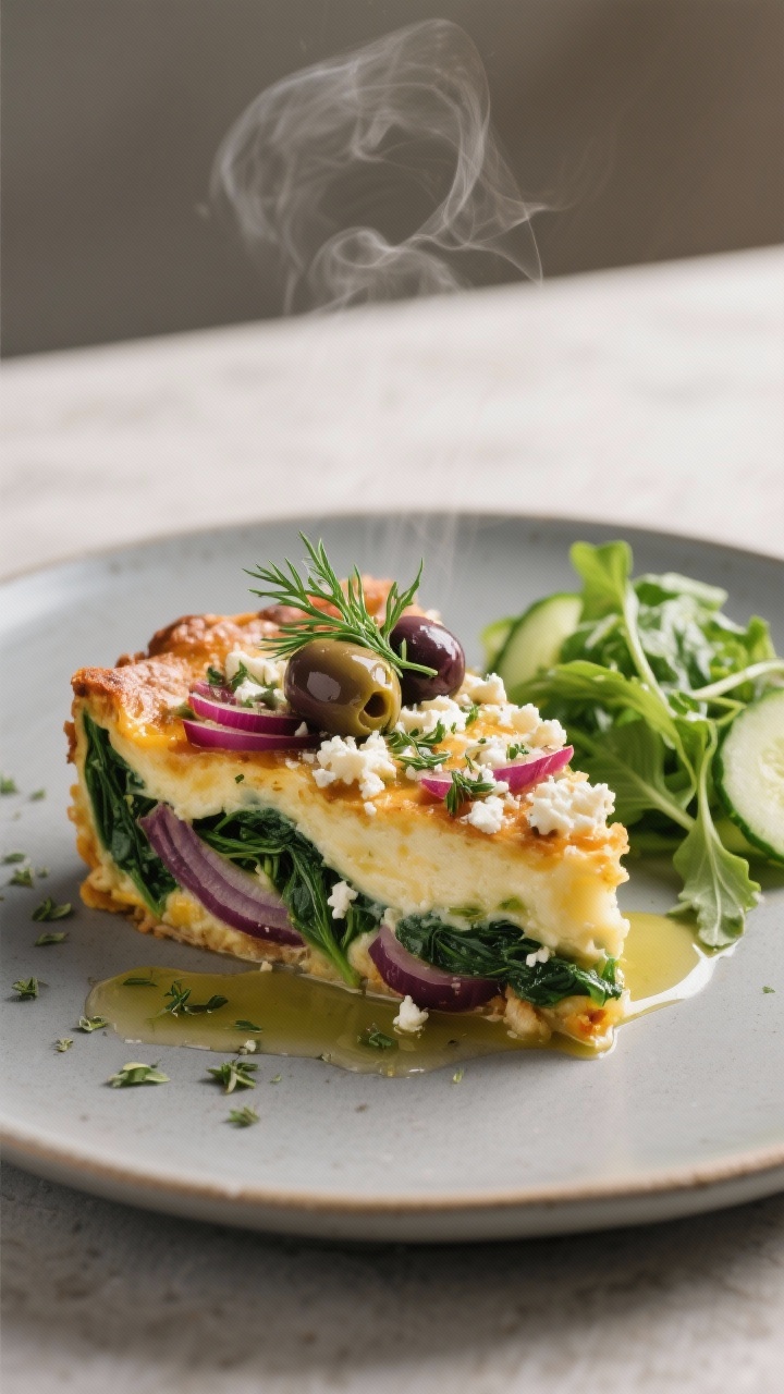 Final dish presentation: Restaurant-quality plated slice of Mediterranean casserole on a matte ceram