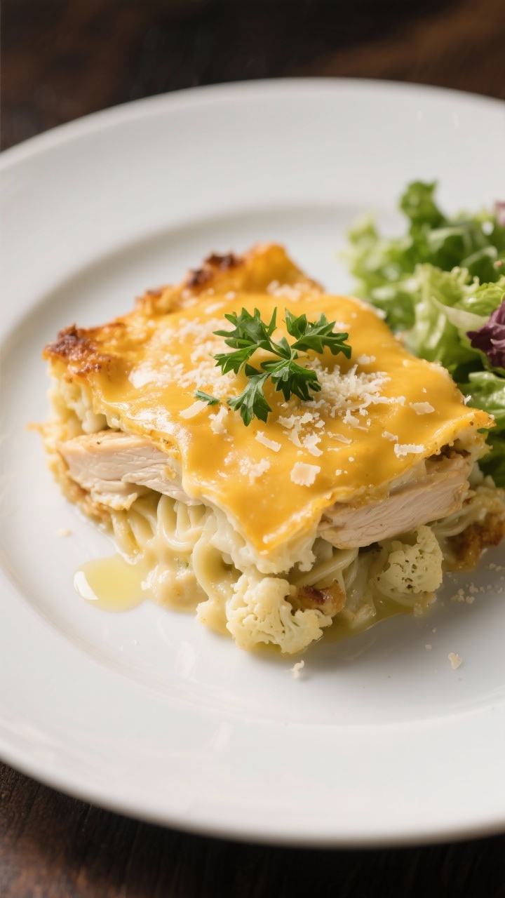 Final dish presentation: Restaurant-quality plated serving of Creamy Low-Carb Chicken Alfredo Casser