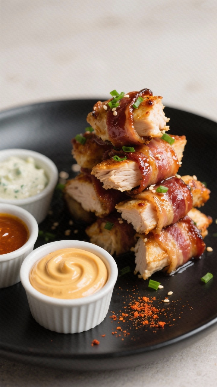 Final dish presentation: Restaurant-quality plating of Bacon-Wrapped Leftover Chicken Bites stacked 