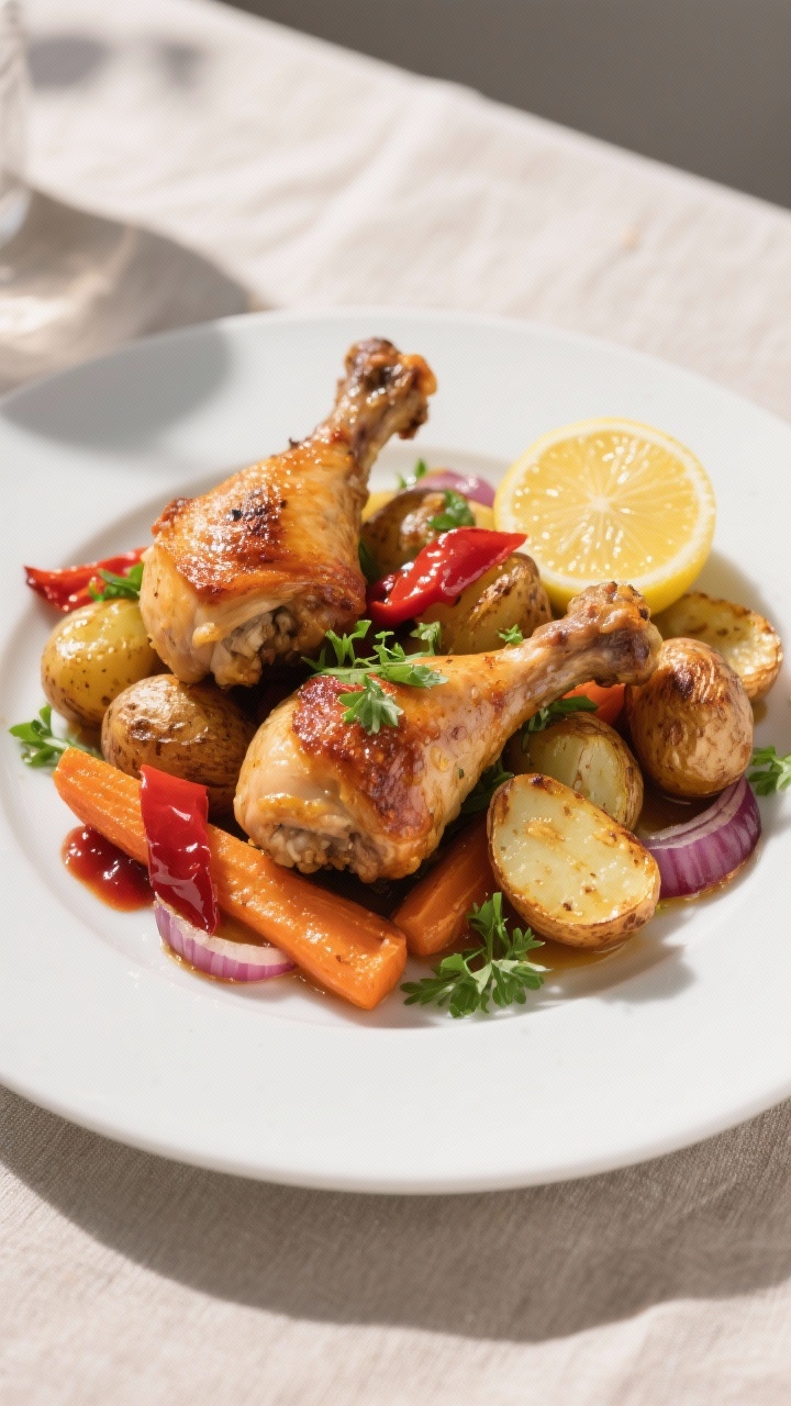 Final dish presentation: Restaurant-quality plating of two roasted chicken drumsticks atop a medley 