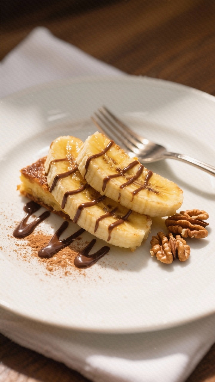 Final dish presentation: Restaurant-quality plating of two banana slice squares stacked slightly ask