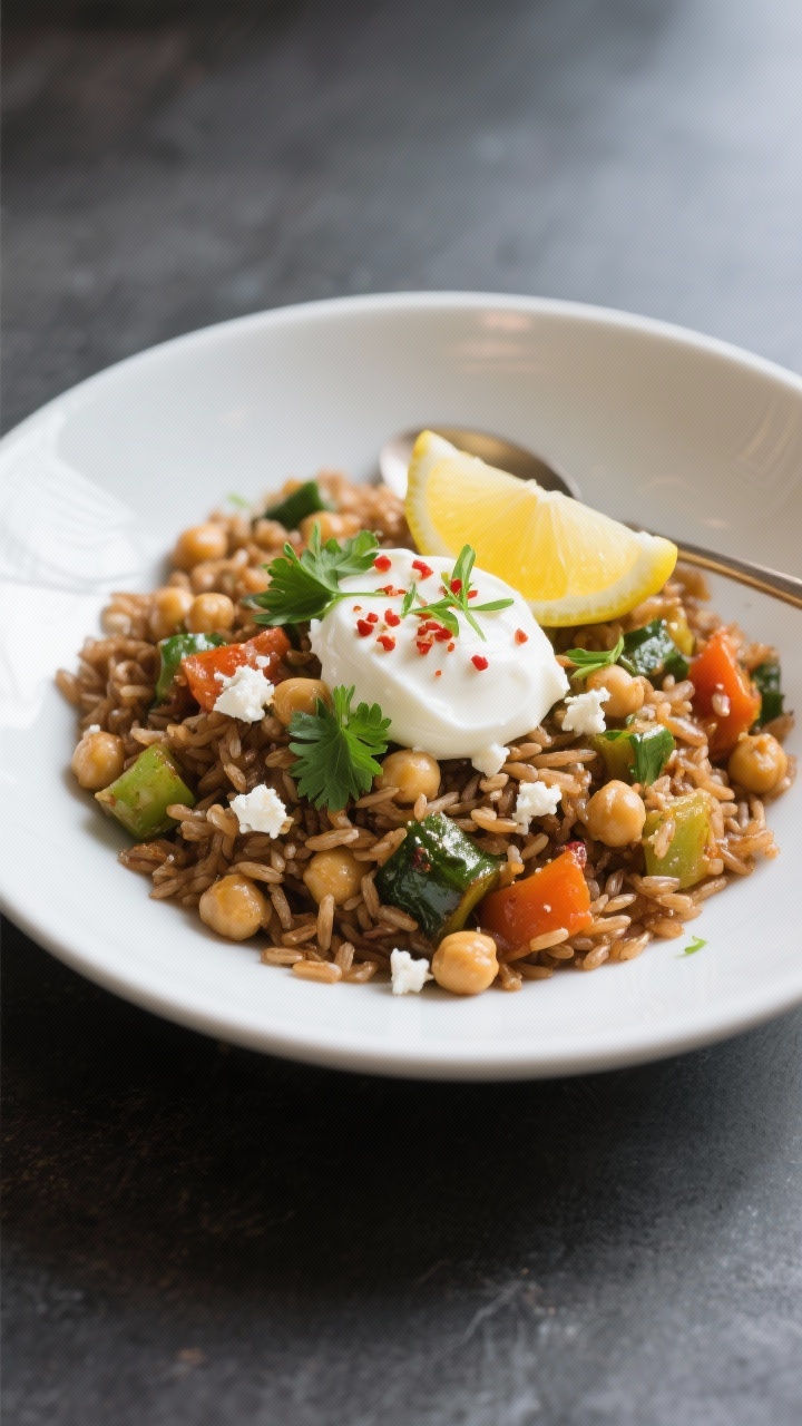 Cheap Whole Food Meals for Moms: Clean Eating On A Budget That Actually Tastes Amazing Final dish presentation: Restaurant-quality plating of One-Pan Lemon Chickpea Veggie Skillet with Br