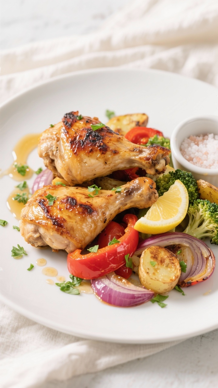 Final dish presentation: Restaurant-quality plating of Air Fryer Lemon Garlic Chicken with Roasted V