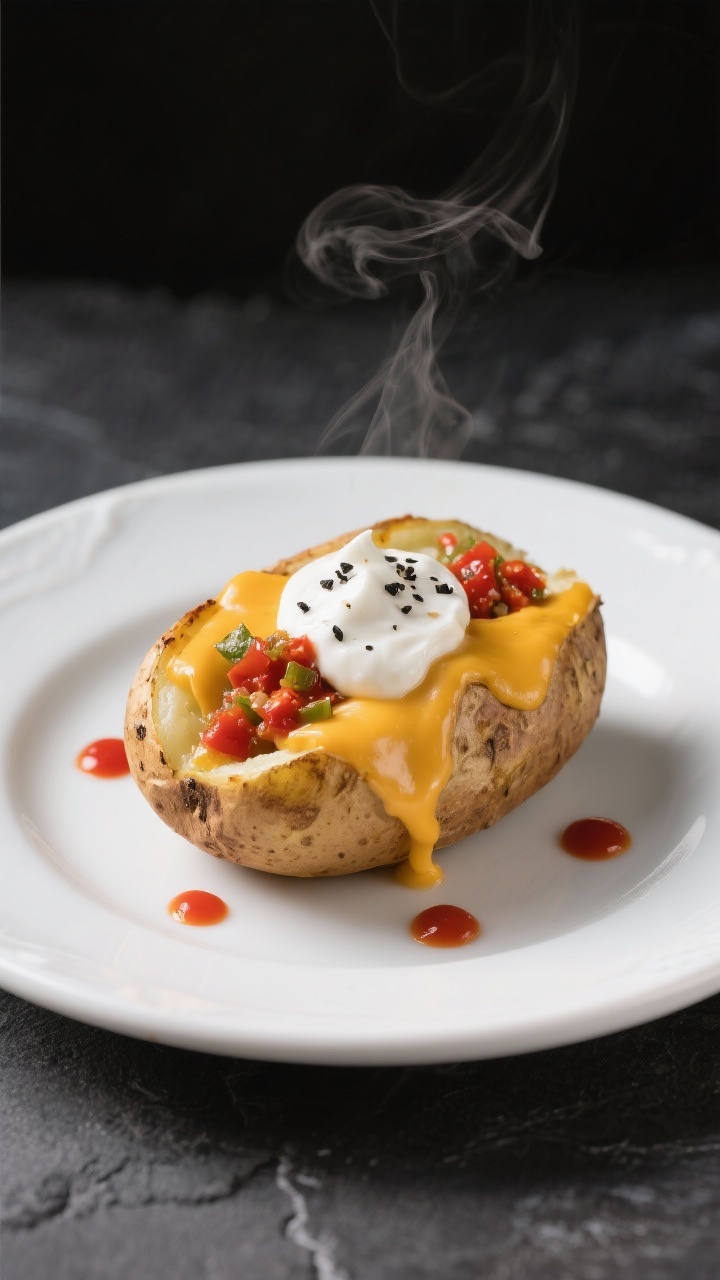 Final dish presentation: Restaurant-quality plating of a single chili-stuffed potato on a white cera