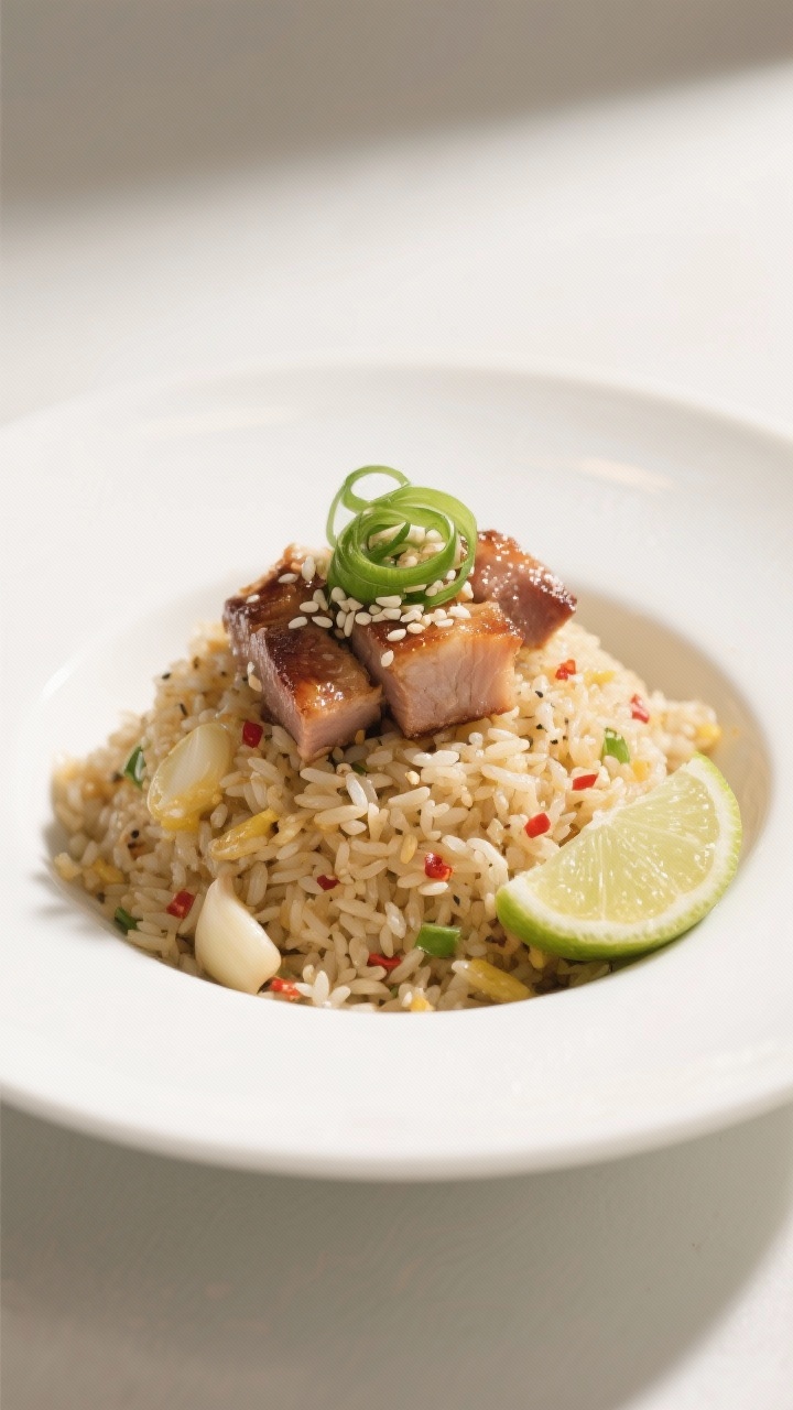 Final dish presentation: Restaurant-quality plating of garlic butter fried rice mounded in a shallow