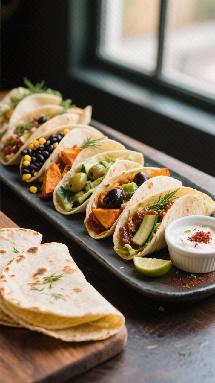 Final dish presentation: Restaurant-quality platter of mixed-style wraps (Mediterranean and Tex-Mex 